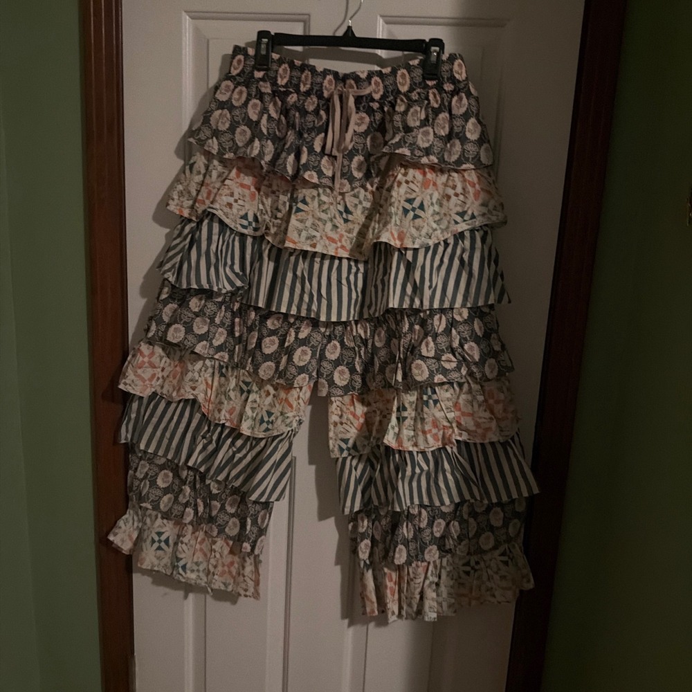 Blue Velvet Ruffle Tiered Pants Womens Large Boho Floral Patchwork BP30374JS